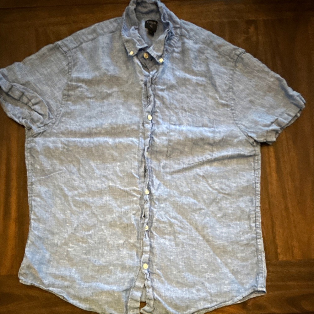 J.Crew Men's L Blue Solid Short Sleeve Linen Button-Up Shirt, Button-Down